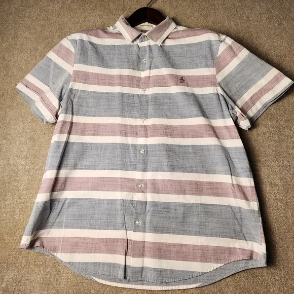 Original Penguin Heritage Slim Fit Shirt Mens Large Blue Burgundy Striped SS - Picture 4 of 6